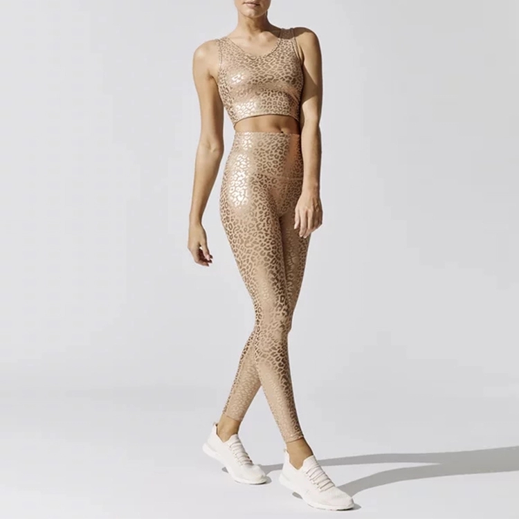 Golden leopard fitness clothing yoga bra and leggings set